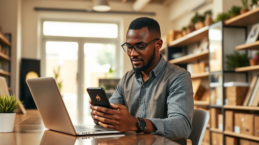 Entrepreneur consultant une application de gestion sur tablette dans un atelier
