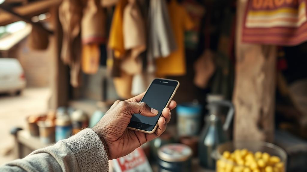 Utilisateur consultant une application de paiement mobile en Afrique de l'Ouest