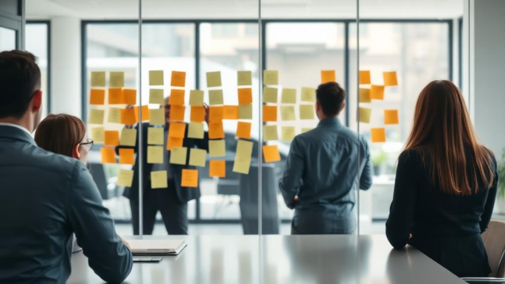 Équipe en réunion de travail autour d'un tableau de planification