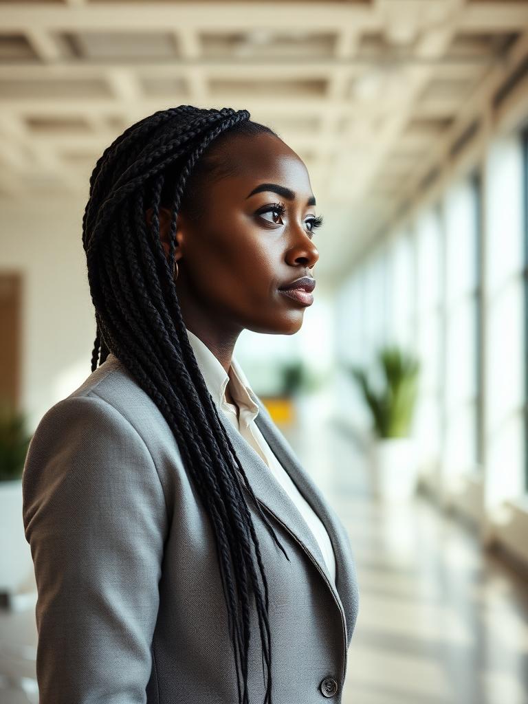 Consultante en blazer clair dans un plateau de bureaux lumineux