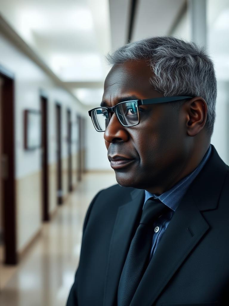 Associé à lunettes dans un couloir de bureaux contemporain