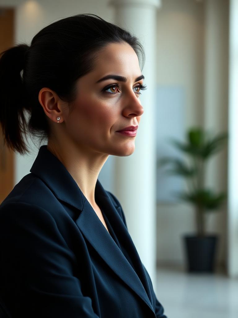 Consultante en blazer marine, portrait de profil en lumière du jour