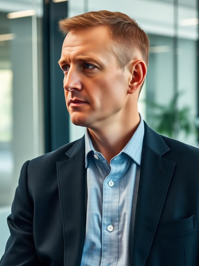 Consultant en costume anthracite devant une paroi vitrée